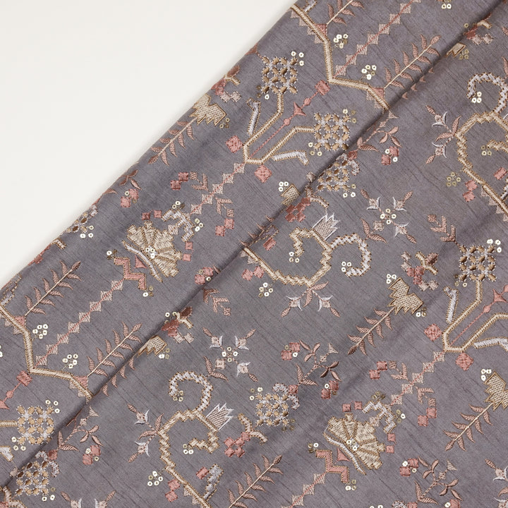 ilaaya Jaal on Light Mauve Semi Raw Silk Embroidered Fabric