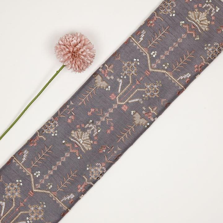 ilaaya Jaal on Light Mauve Semi Raw Silk Embroidered Fabric