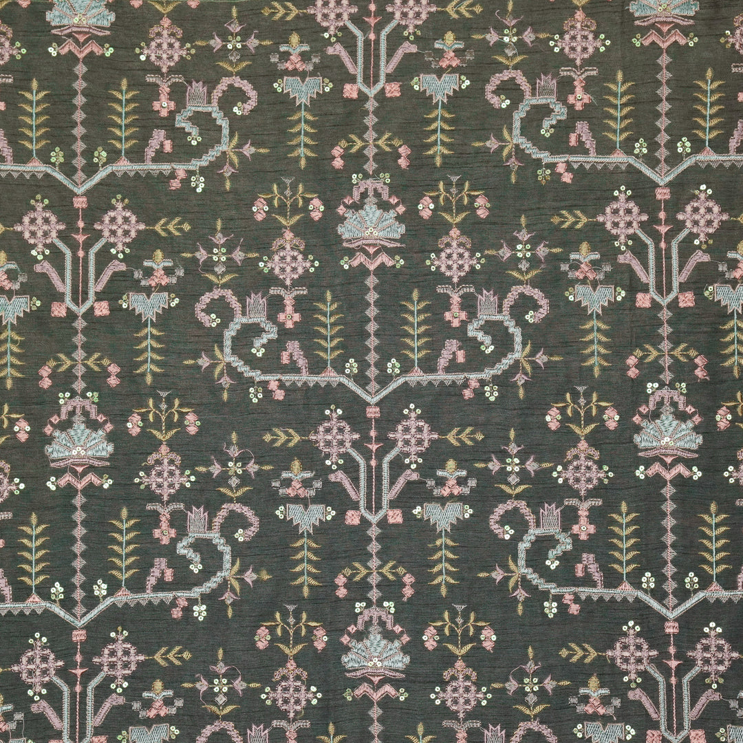 ilaaya Jaal on Charcoal Semi Raw Silk Embroidered Fabric