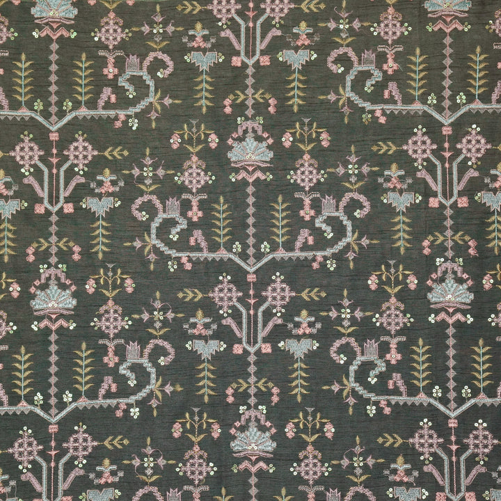 ilaaya Jaal on Charcoal Semi Raw Silk Embroidered Fabric