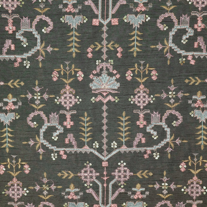 ilaaya Jaal on Charcoal Semi Raw Silk Embroidered Fabric