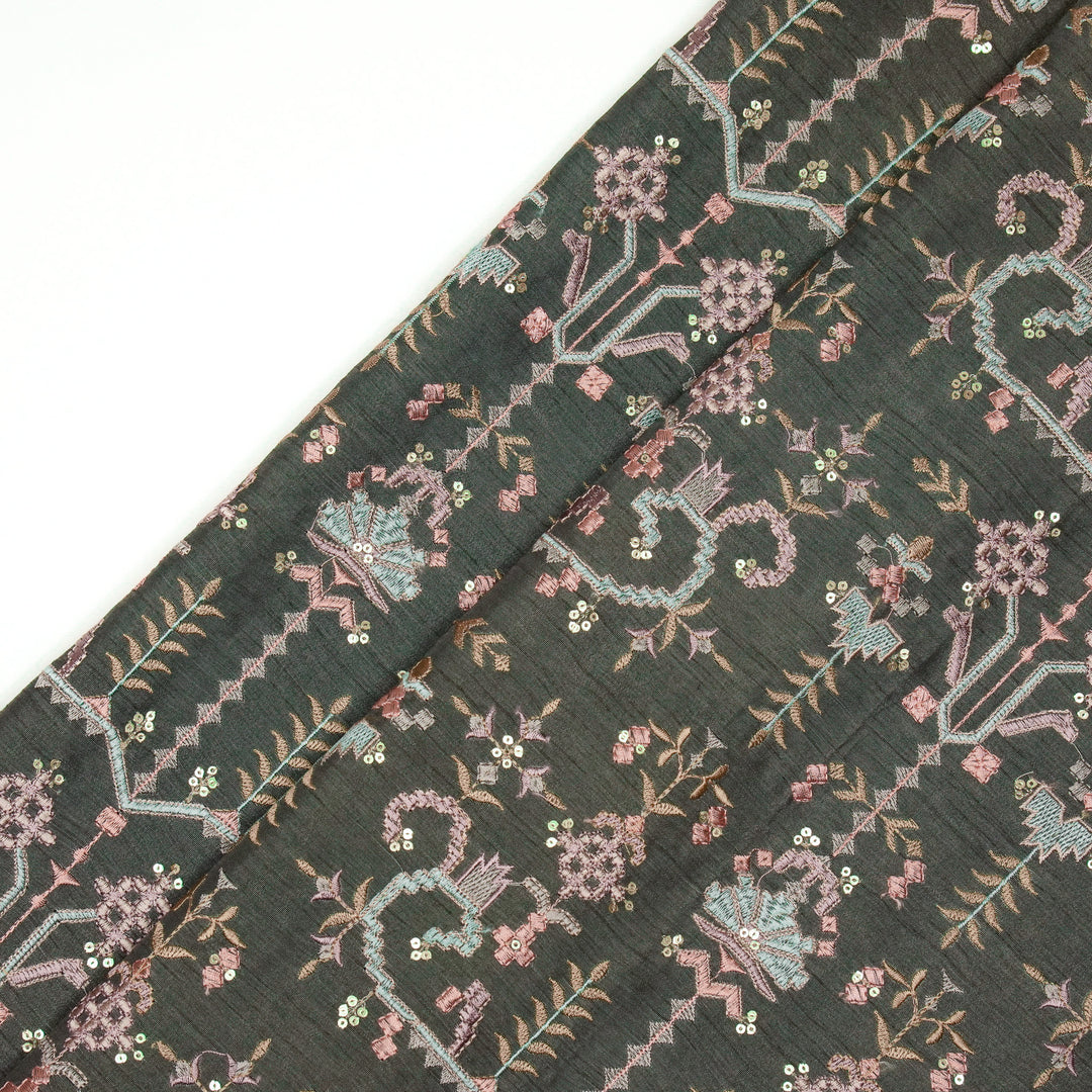 ilaaya Jaal on Charcoal Semi Raw Silk Embroidered Fabric