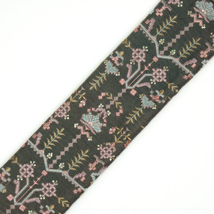 ilaaya Jaal on Charcoal Semi Raw Silk Embroidered Fabric