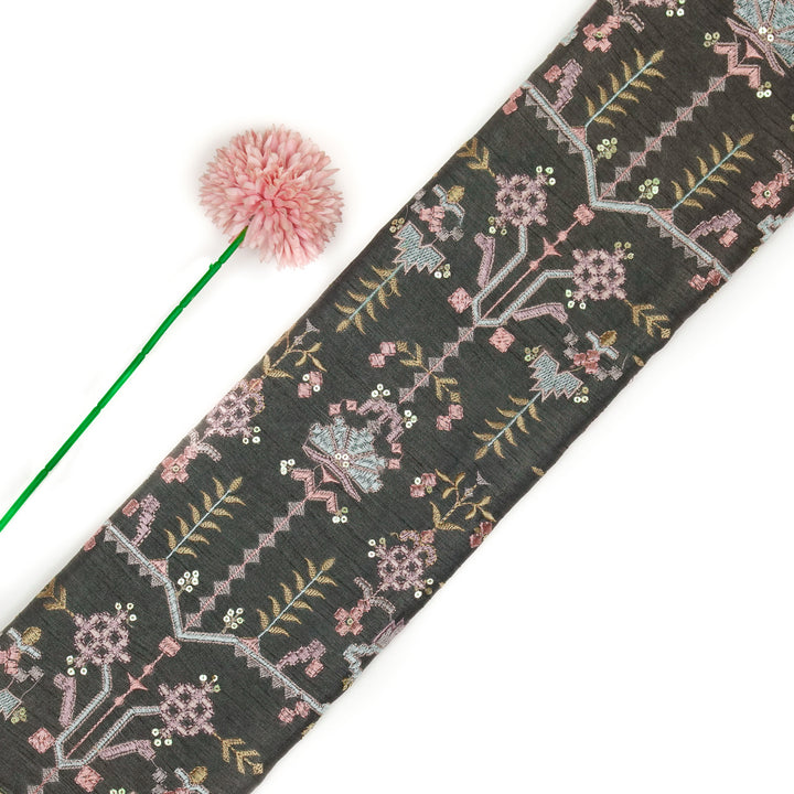 ilaaya Jaal on Charcoal Semi Raw Silk Embroidered Fabric