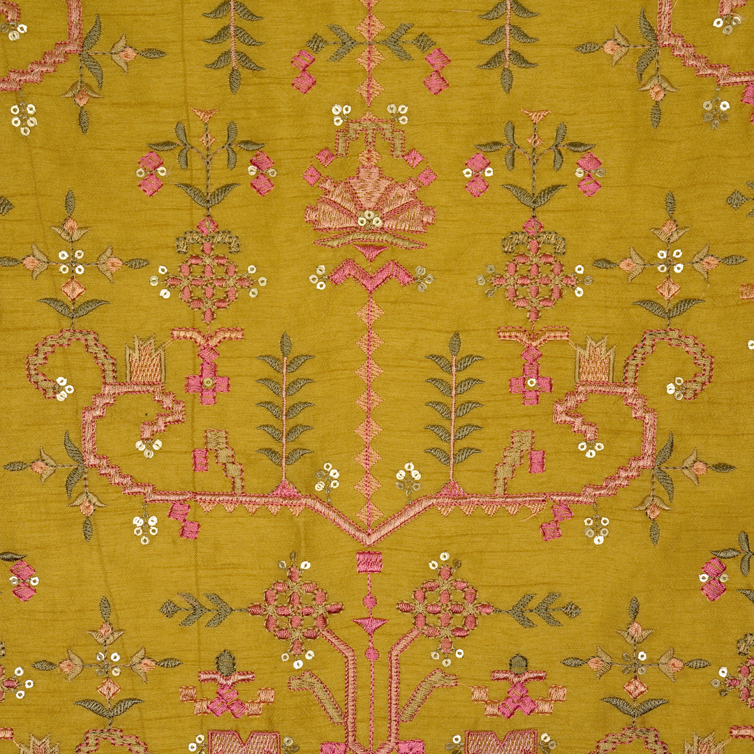 ilaaya Jaal on Gold Semi Raw Silk Embroidered Fabric