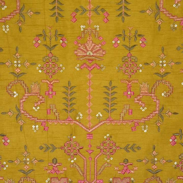 ilaaya Jaal on Gold Semi Raw Silk Embroidered Fabric