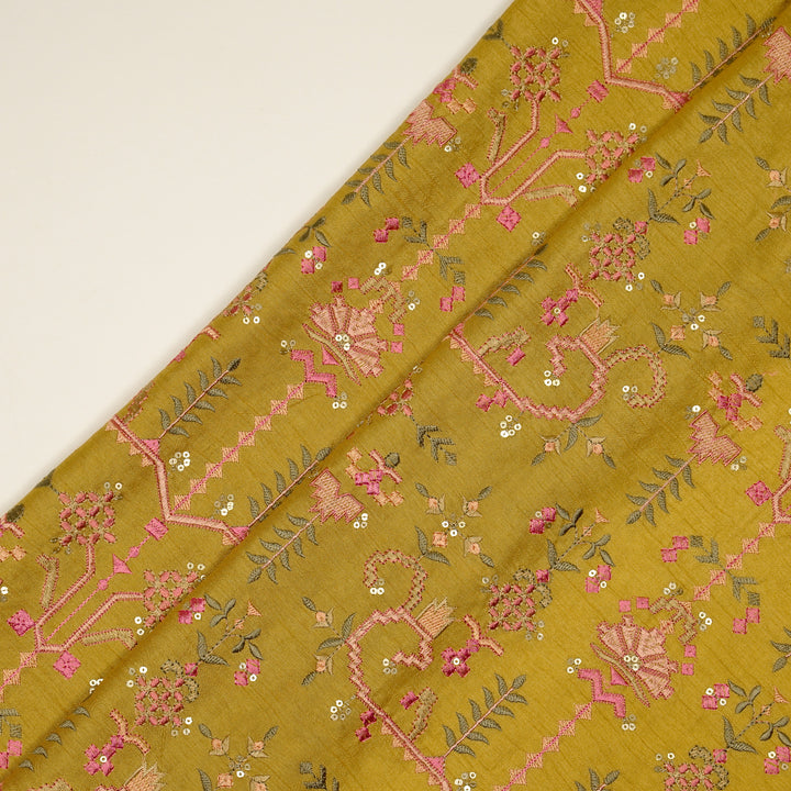 ilaaya Jaal on Gold Semi Raw Silk Embroidered Fabric