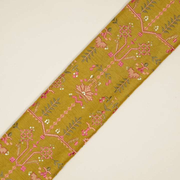 ilaaya Jaal on Gold Semi Raw Silk Embroidered Fabric