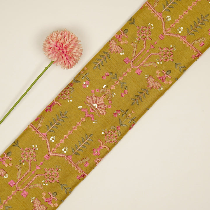 ilaaya Jaal on Gold Semi Raw Silk Embroidered Fabric