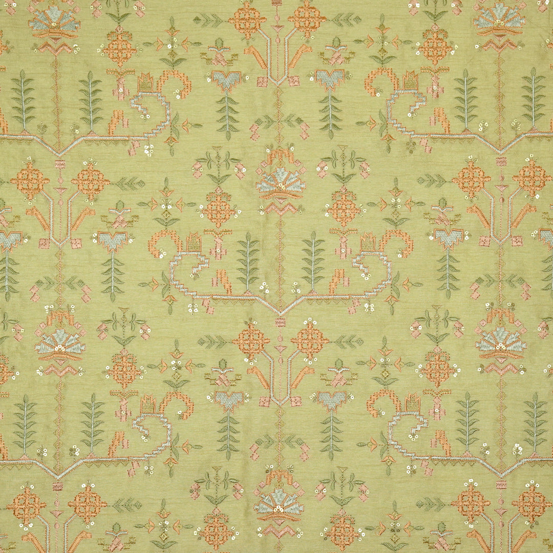 ilaaya Jaal on Light Olive Semi Raw Silk Embroidered Fabric