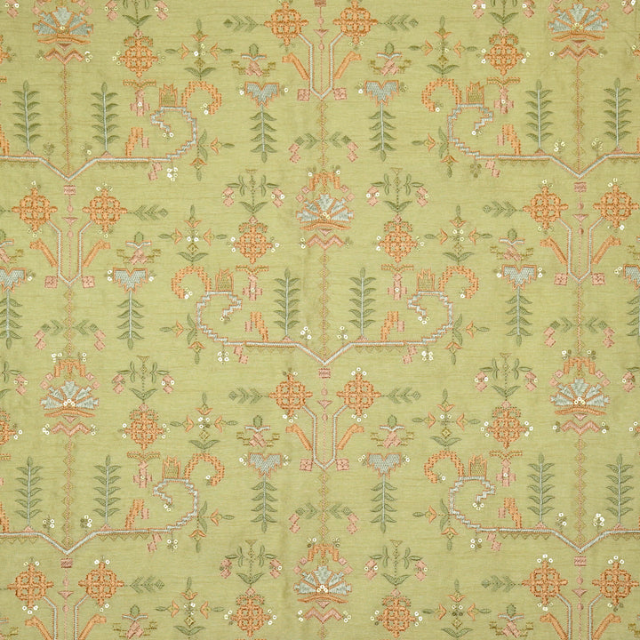 ilaaya Jaal on Light Olive Semi Raw Silk Embroidered Fabric