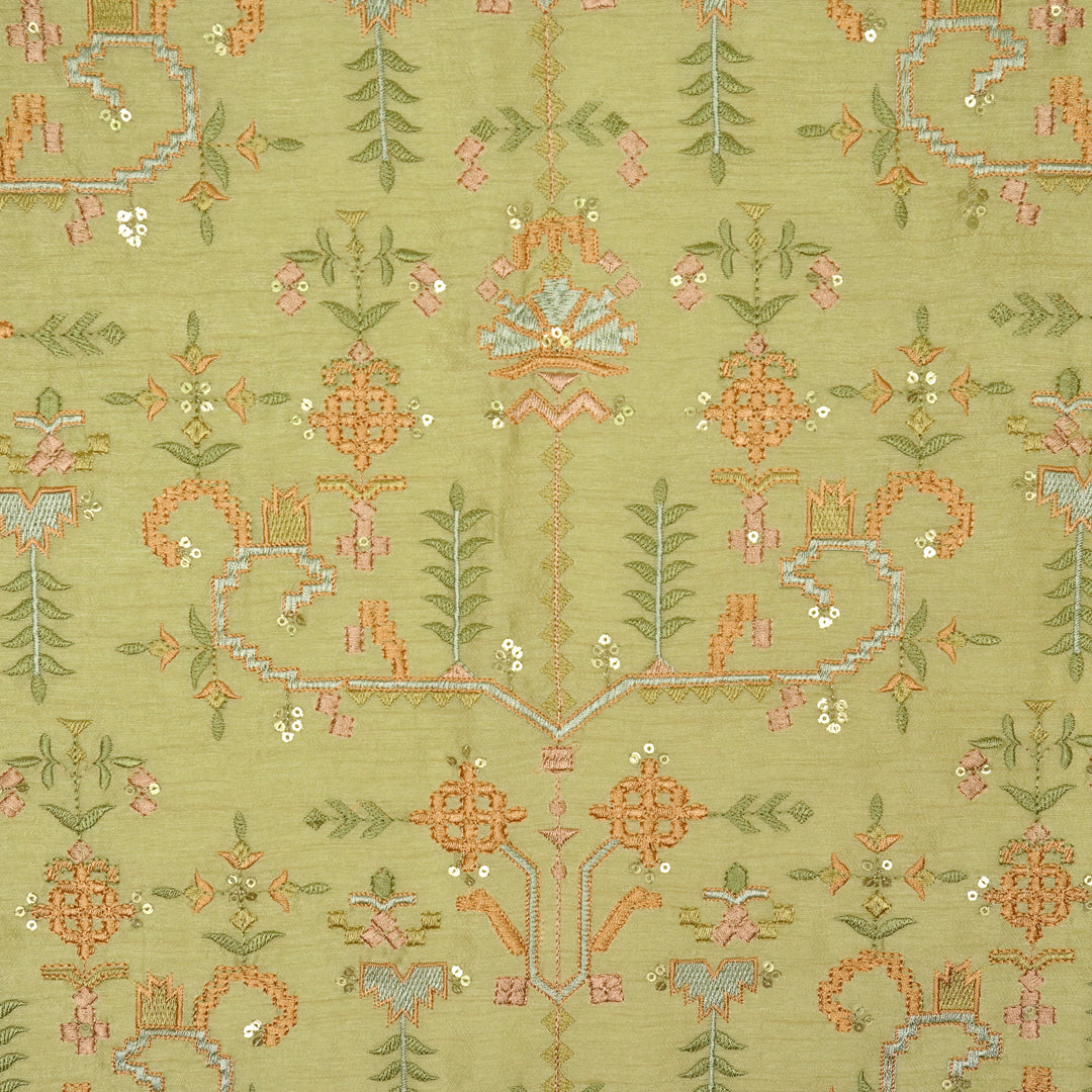 ilaaya Jaal on Light Olive Semi Raw Silk Embroidered Fabric