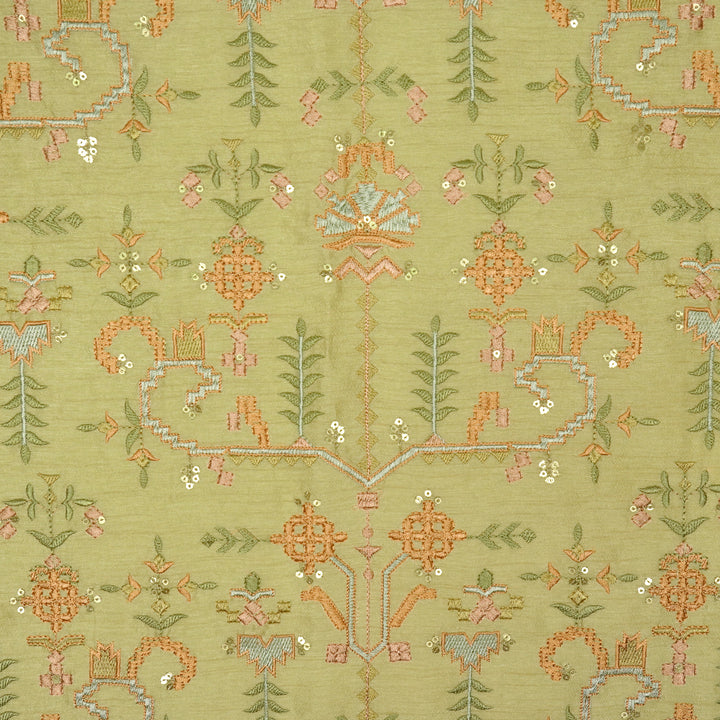ilaaya Jaal on Light Olive Semi Raw Silk Embroidered Fabric