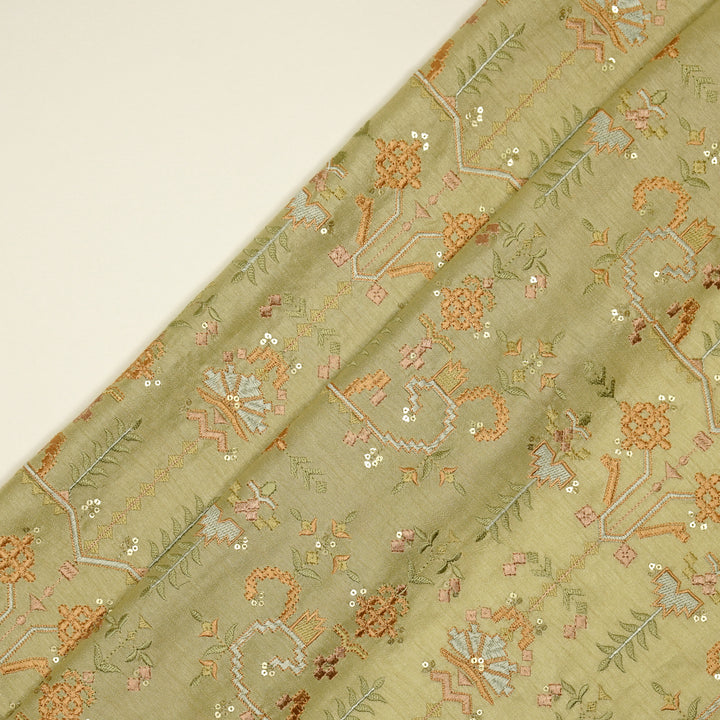 ilaaya Jaal on Light Olive Semi Raw Silk Embroidered Fabric