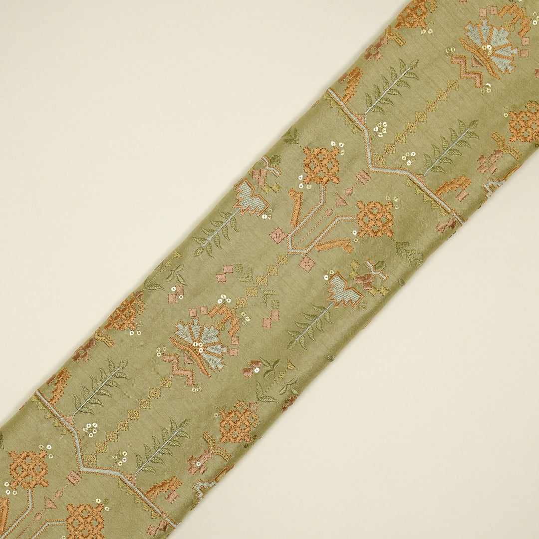 ilaaya Jaal on Light Olive Semi Raw Silk Embroidered Fabric
