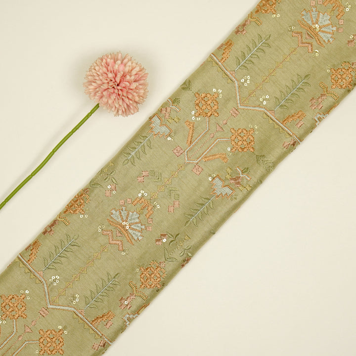 ilaaya Jaal on Light Olive Semi Raw Silk Embroidered Fabric