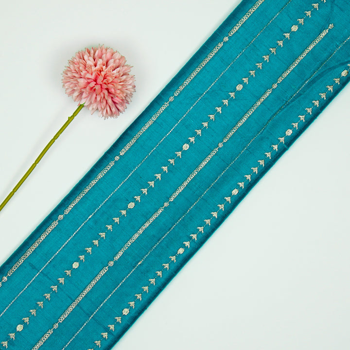 Zavaya Jaal on Peacock Blue Raw Silk Embroidered Fabric