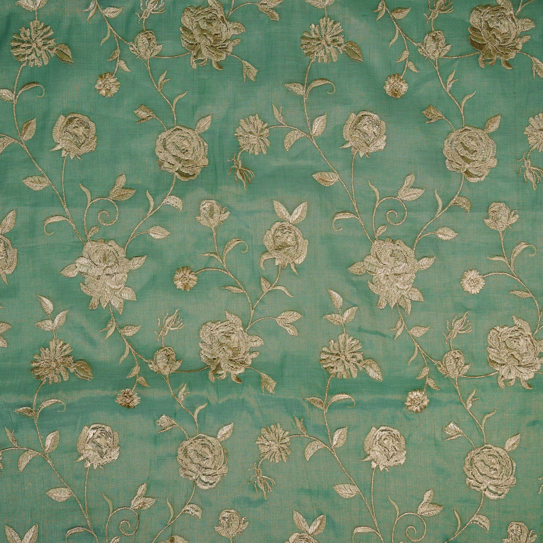 Surkh Jaal on Aqua Tissue Embroidered Fabric