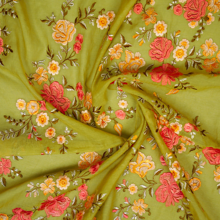 Naazgul Jaal on Olive Green Cotton Silk Embroidered Fabric