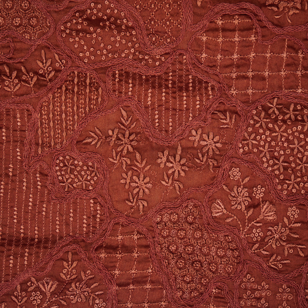Nayab jaal on Rust Silk Chanderi Embroidered Fabric