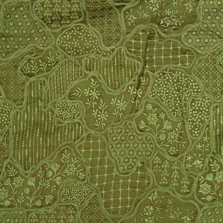 Nayab jaal on Olive Silk Chanderi Embroidered Fabric