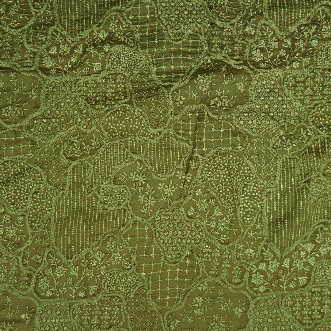 Nayab jaal on Olive Silk Chanderi Embroidered Fabric