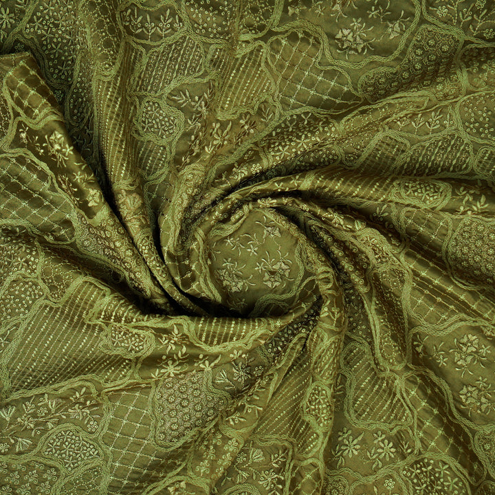 Nayab jaal on Olive Silk Chanderi Embroidered Fabric