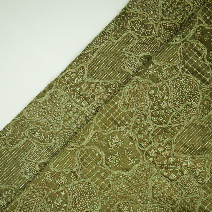 Nayab jaal on Olive Silk Chanderi Embroidered Fabric