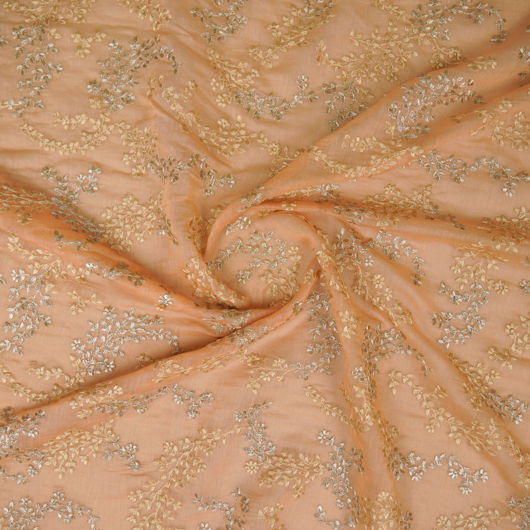 Amoli jaal on Peach Cotton Silk Embroidered Fabric