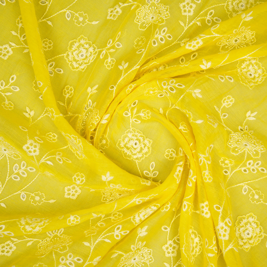 Kalika Jaal on Lemon Cotton Silk Embroidered Fabric