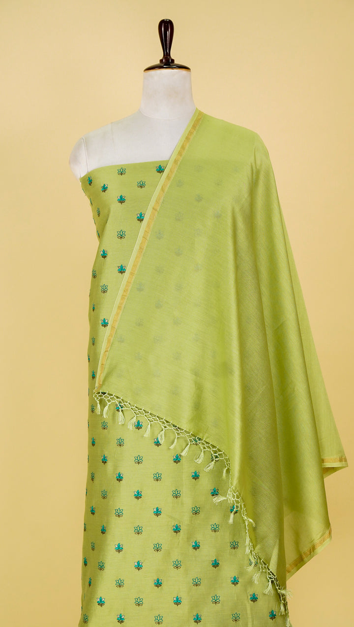 Seher Tiny Buti Suit Fabric Set on Silk Chanderi (Unstitched)-Pista Green