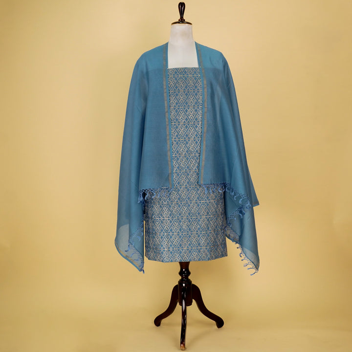 Asfa Zari Jaal  Suit Fabric Set on Silk Chanderi(Unstitched)- Sky Blue