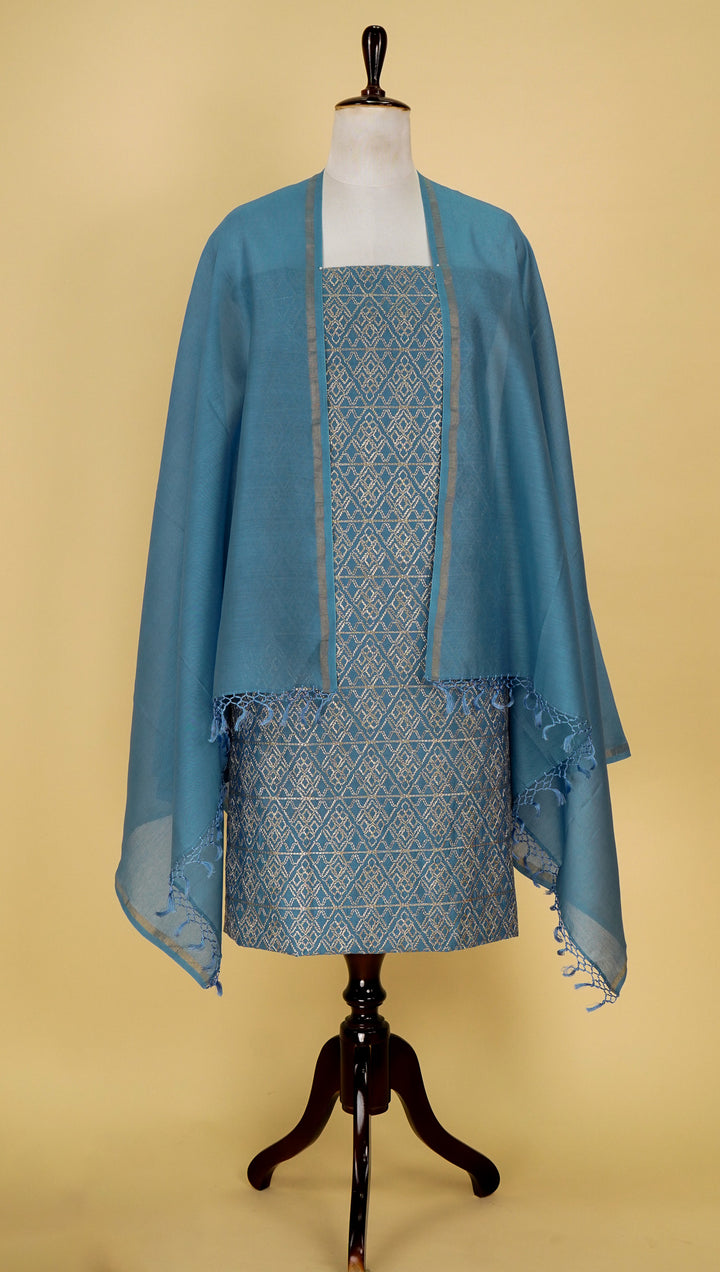 Asfa Zari Jaal  Suit Fabric Set on Silk Chanderi(Unstitched)- Sky Blue