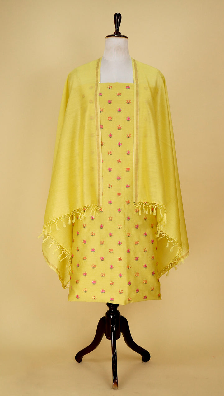 Seher Tiny Buti Suit Fabric Set on Silk Chanderi (Unstitched)-Lemon