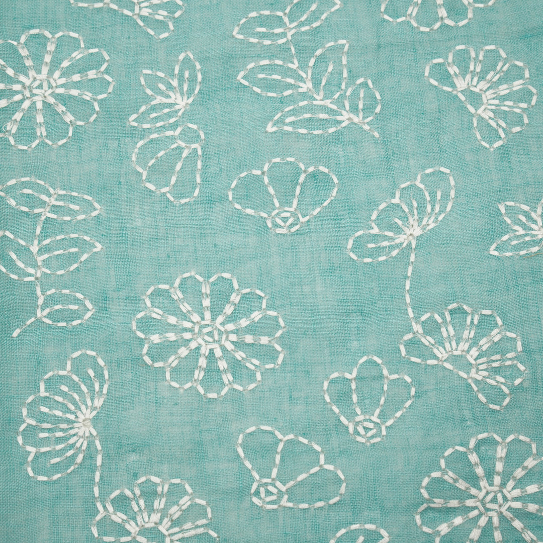 Adrija Floral Jaal on Turquoise Gauged Linen Embroidered Fabric