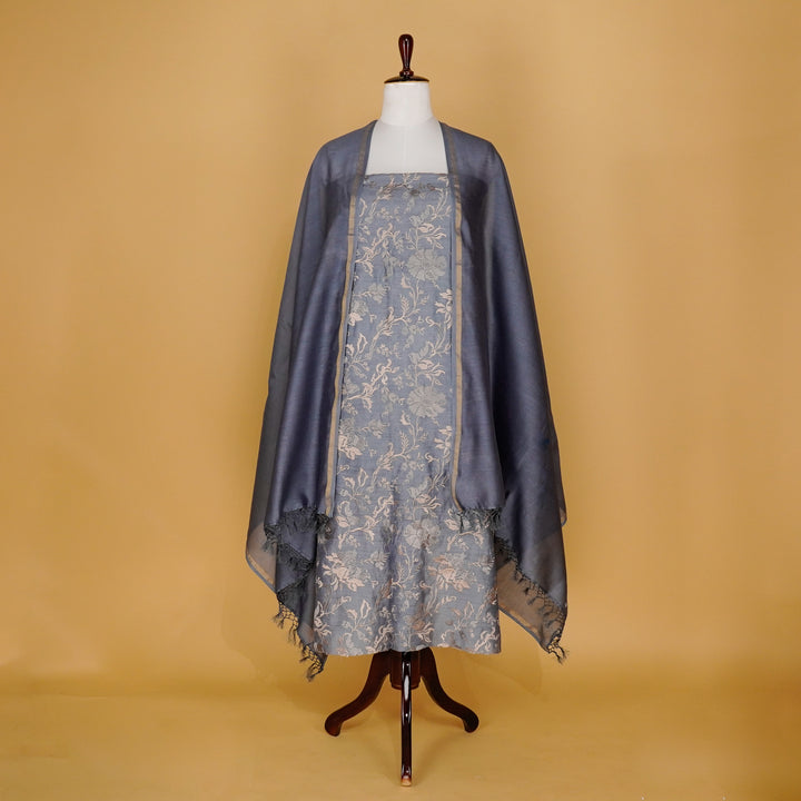 Meer Jaal Suit fabric set on Munga Silk (Unstitched)- Steel Grey