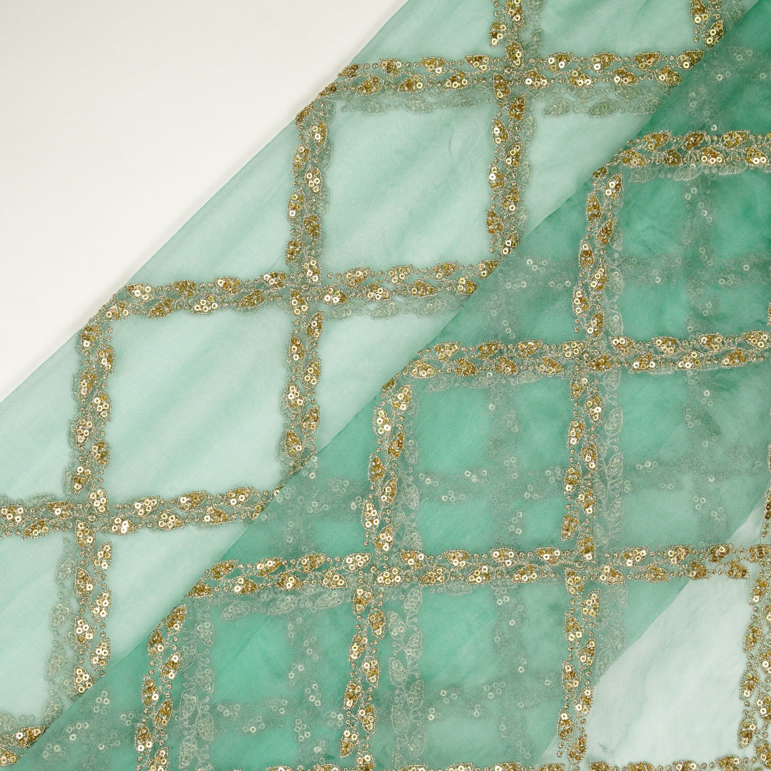 Ukti Jaal on Turquoise Silk Organza Embroidered Fabric