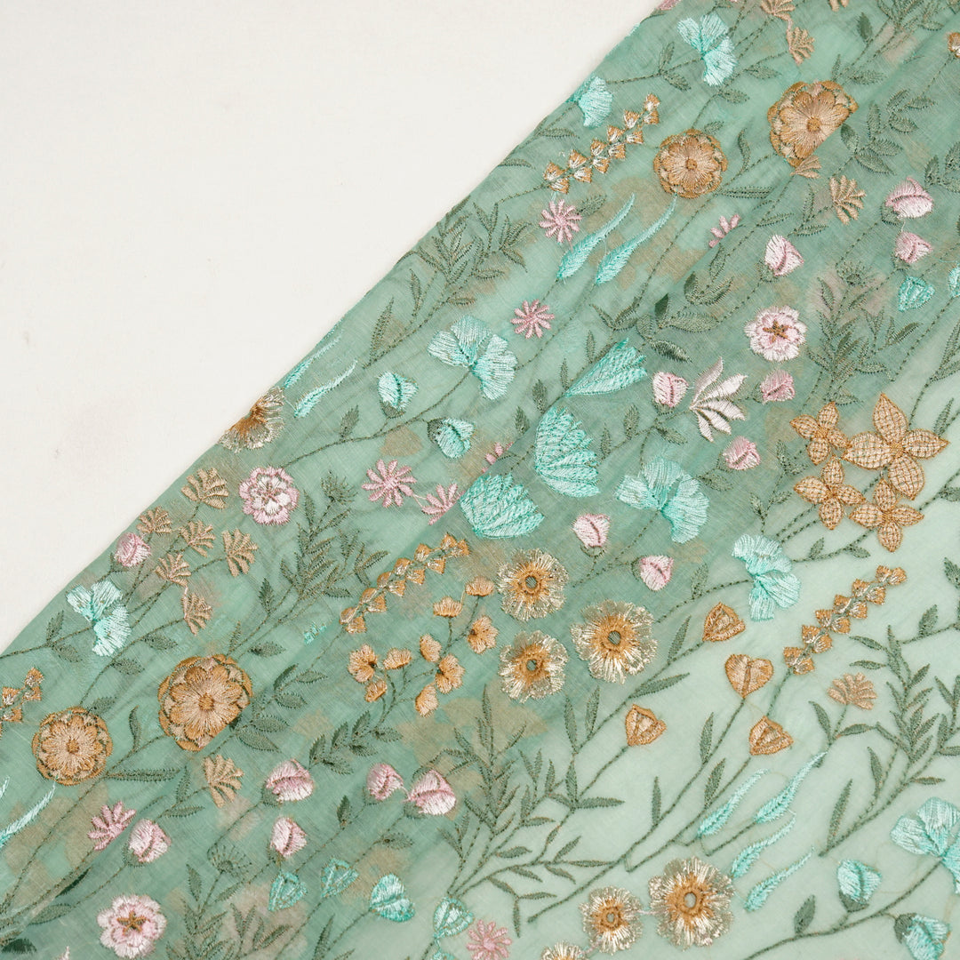 Saraya Heavy Jaal on Mint Green Cotton Silk Embroidered Fabric