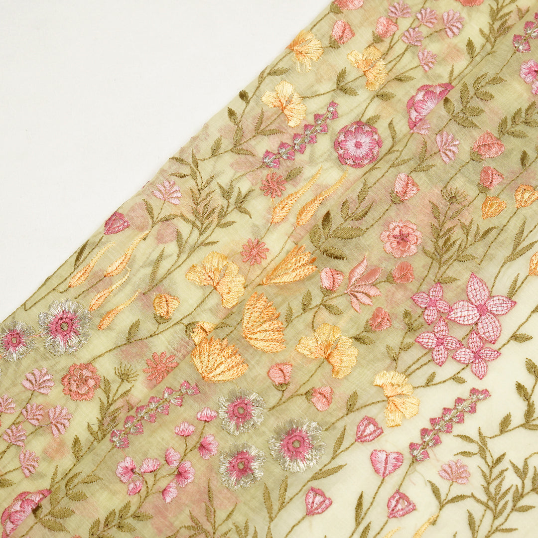 Saraya Heavy Jaal on Lemon Cotton Silk Embroidered Fabric