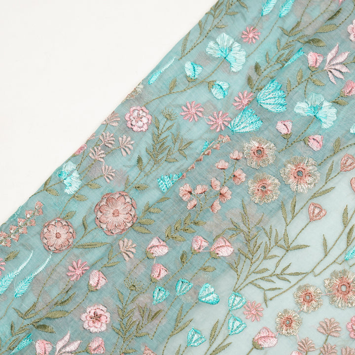 Saraya Heavy Jaal on Light Turquoise Cotton Silk Embroidered Fabric