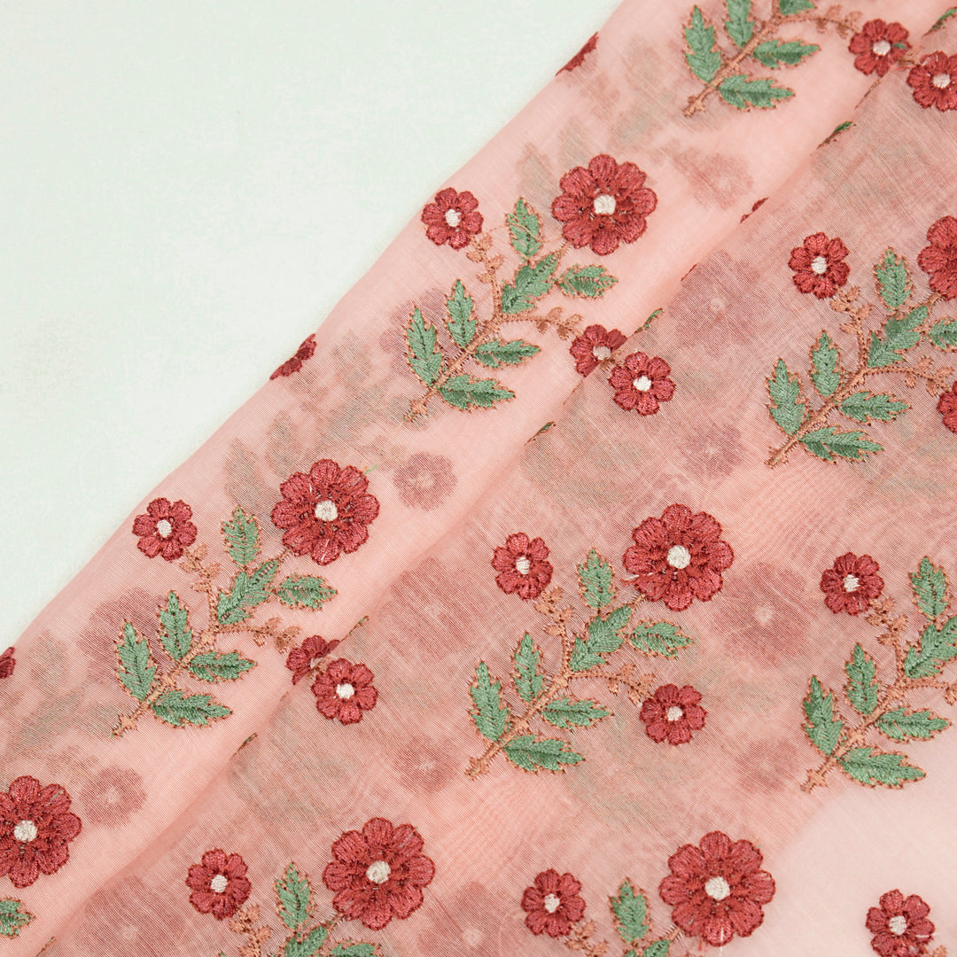 Aagam Floral Buta on Light Peach Cotton Silk Embroidered Fabric