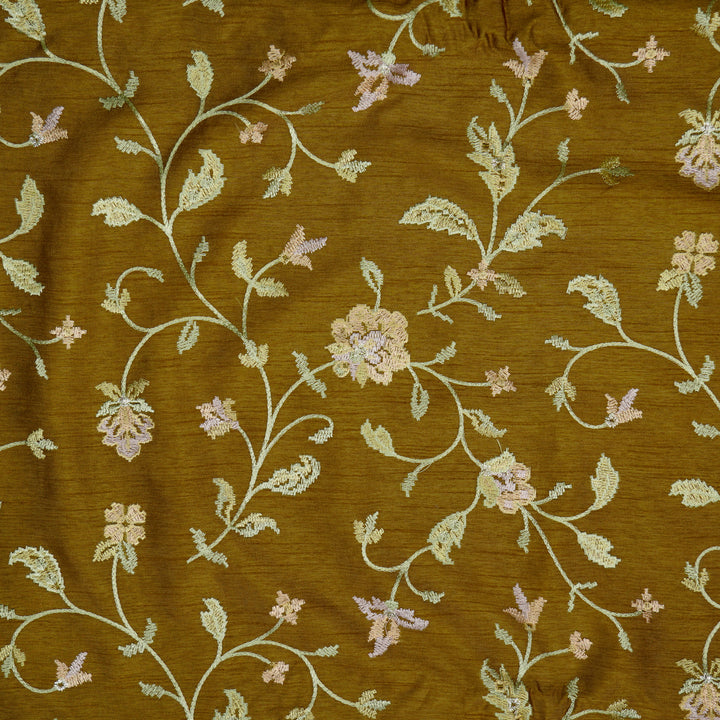 Mehrgul Jaal on Olive Semi Raw Silk Embroidered Fabric