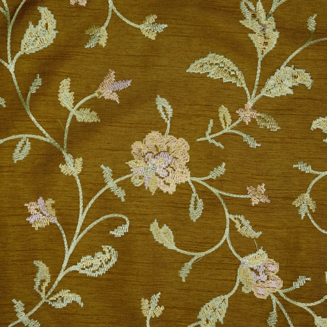 Mehrgul Jaal on Olive Semi Raw Silk Embroidered Fabric