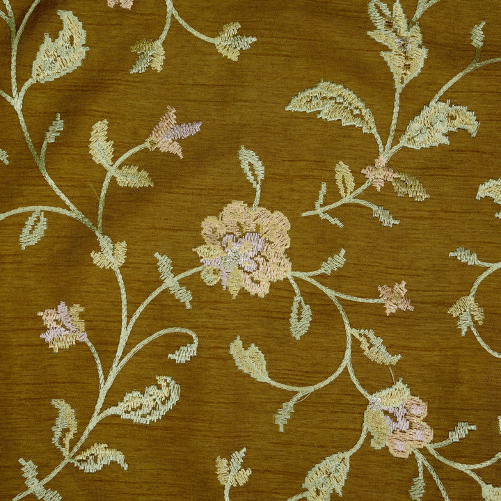 Mehrgul Jaal on Olive Semi Raw Silk Embroidered Fabric