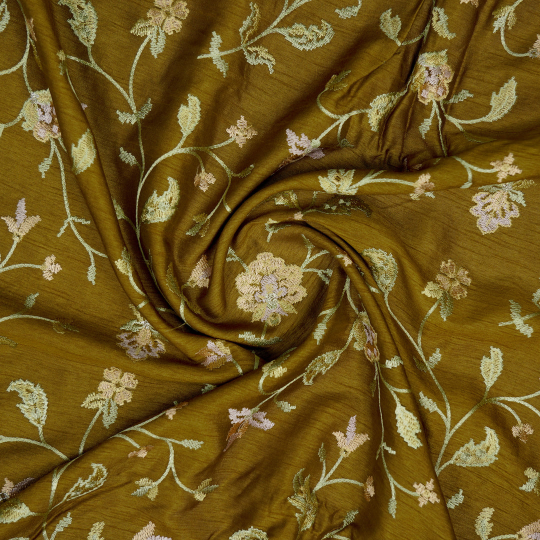 Mehrgul Jaal on Olive Semi Raw Silk Embroidered Fabric