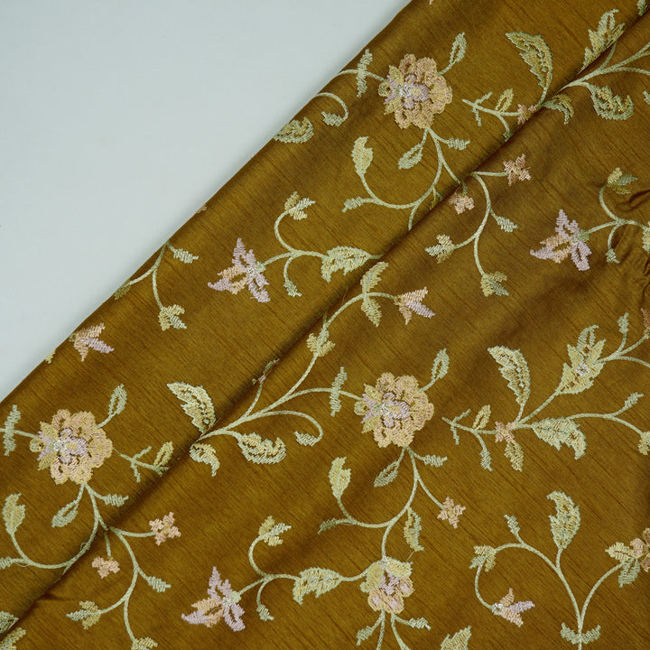Mehrgul Jaal on Olive Semi Raw Silk Embroidered Fabric