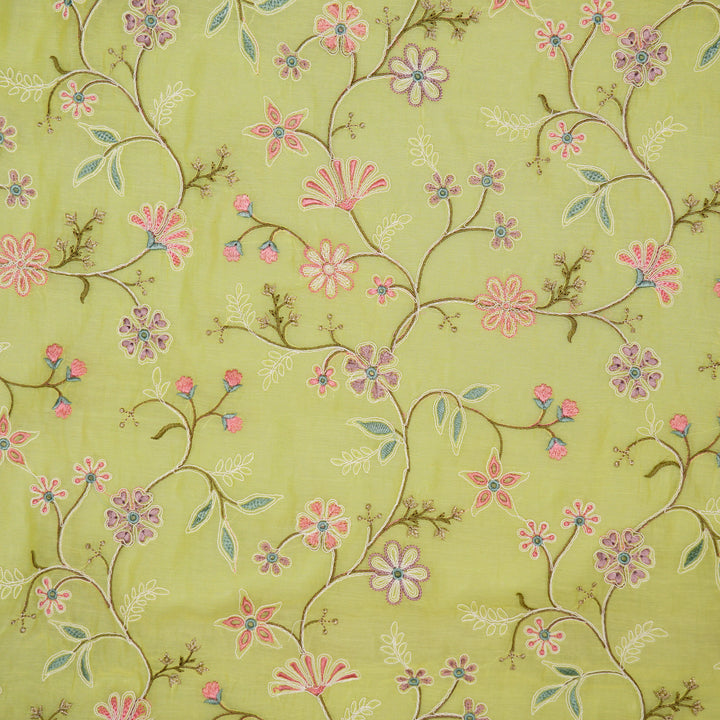 Vanasri Jaal on Lemon Cotton Silk Embroidered Fabric