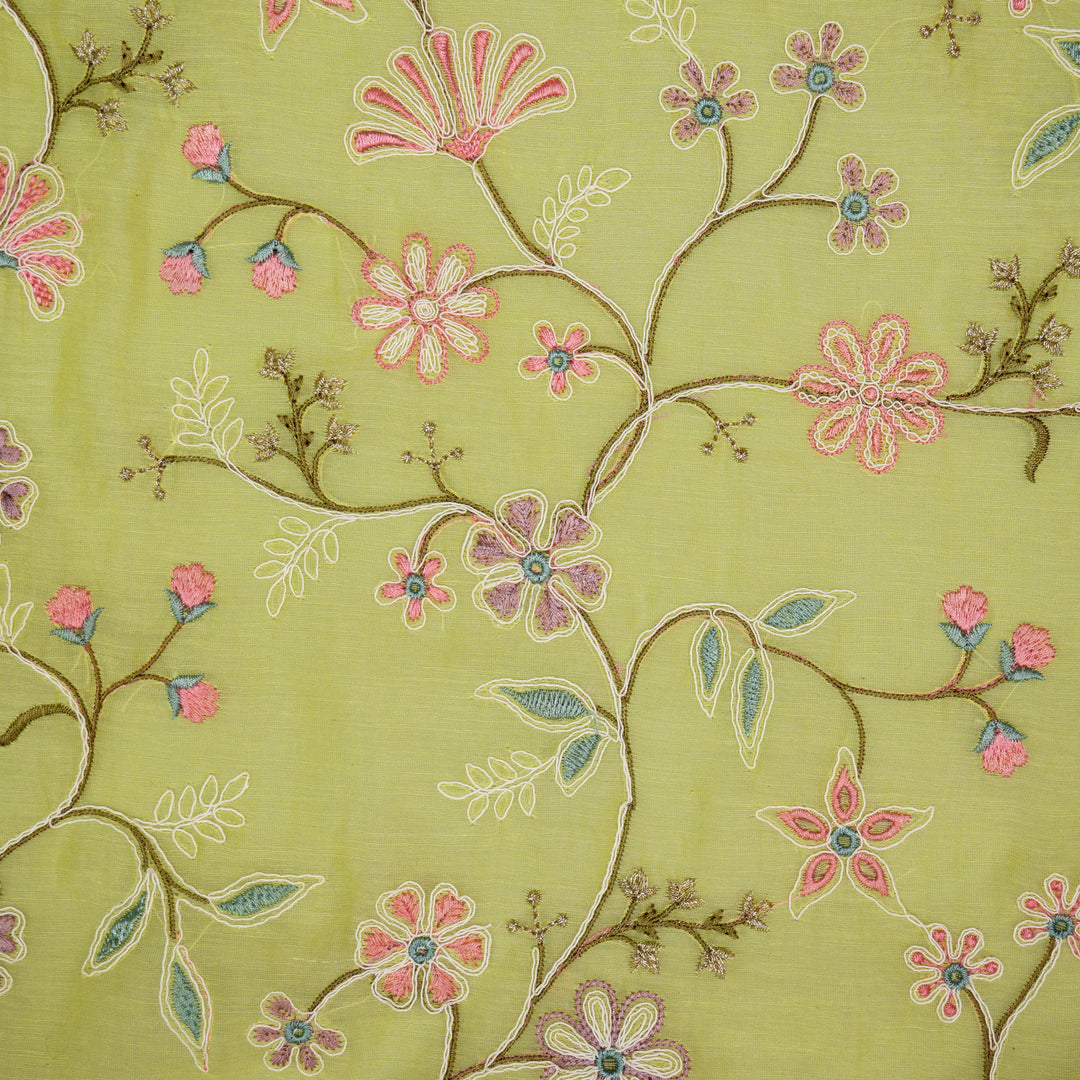 Vanasri Jaal on Lemon Cotton Silk Embroidered Fabric