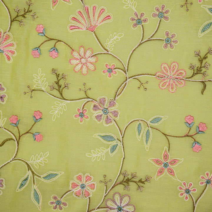 Vanasri Jaal on Lemon Cotton Silk Embroidered Fabric