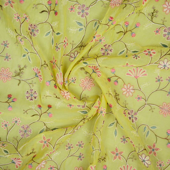 Vanasri Jaal on Lemon Cotton Silk Embroidered Fabric
